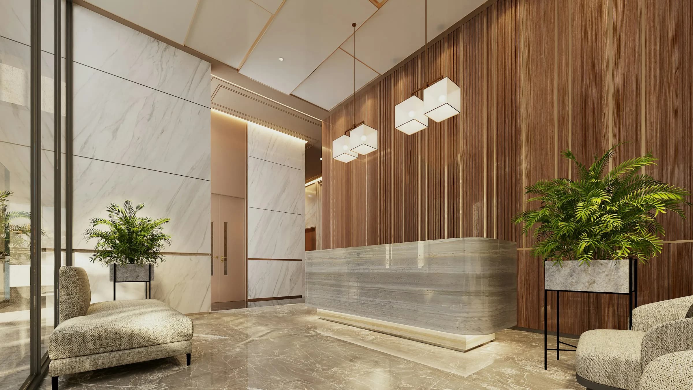 Concierge recepce, mramorový interiér